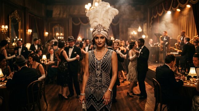 Elegant woman in 1920s flapper dress at a vintage jazz club party