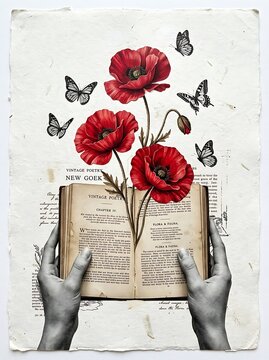 Hands holding an open book with red poppy flowers and butterflies. Vintage literature art with nature elements and delicate paper craft.