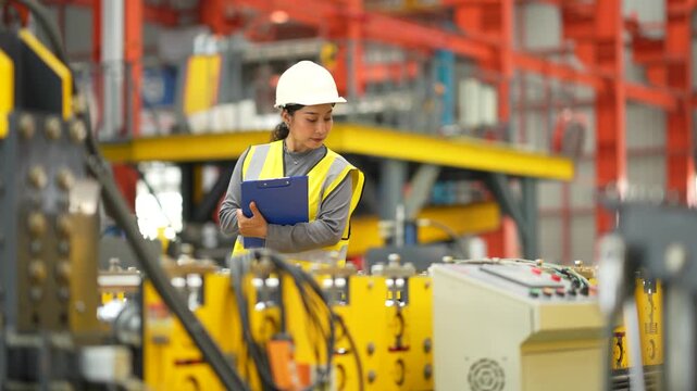 Female factory engineer monitoring production equipment and recording inspection results, manufacturing workflow, industrial quality control, engineering supervision, workplace efficiency.