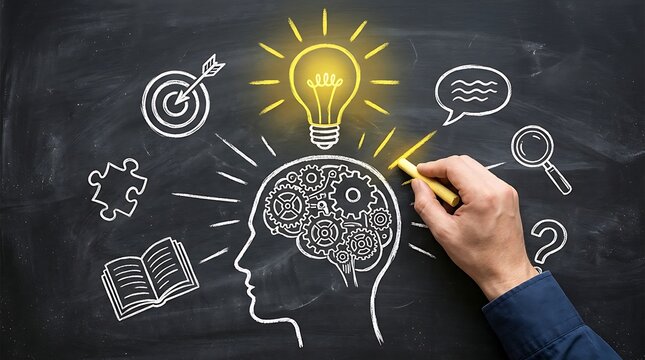 Creative business brainstorming with lightbulb idea concept. Professional hand drawing innovation and strategy mind map on chalkboard for marketing...