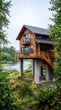 Modern wooden stilt house elevated on concrete pillars by a scenic river