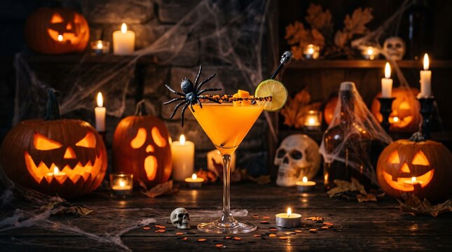 Halloween cocktail with spider garnish and carved pumpkins