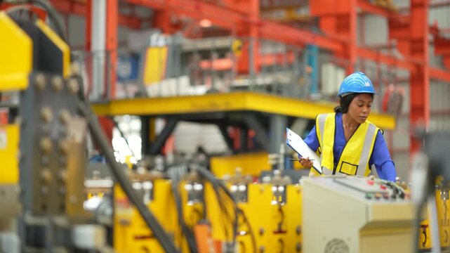 Engineer walking through factory while inspecting production line, manufacturing operation, industrial engineering, quality inspection, production monitoring, factory management.