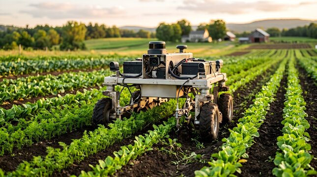 Autonomous weeding robot working in a green agricultural field at sunset