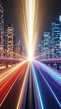 Futuristic Light Trails Across a Modern City Skyline at Night
