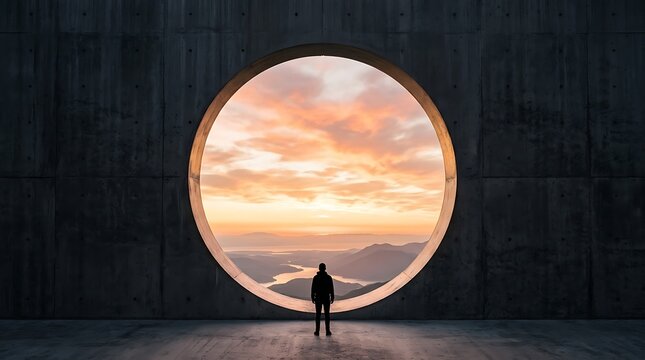 Silhouette of person walking through large circular tunnel entrance. Mysterious lone figure exploring futuristic architectural passage at dusk.