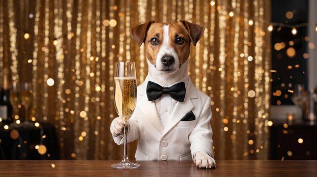 Jack russell terrier dog in a tuxedo holding a champagne glass