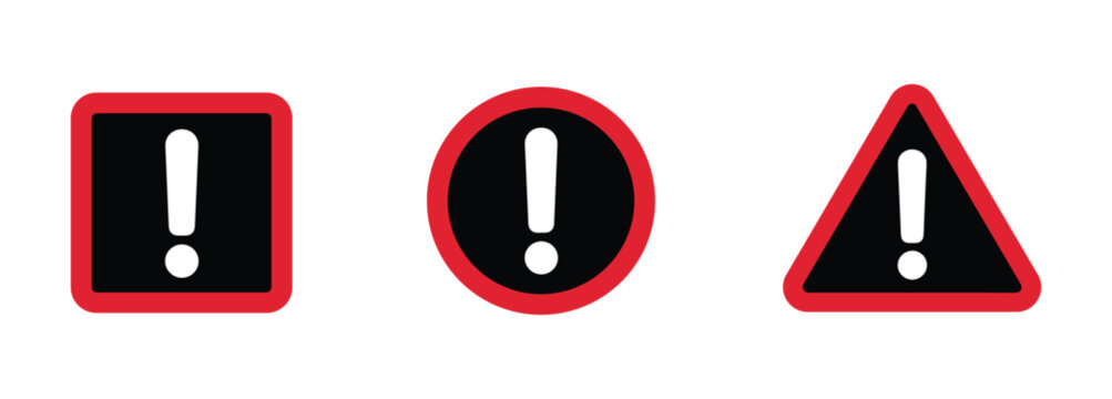 Alert Icons. A collection of three distinct warning symbols: a square, a circle, and a triangle, each featuring a white exclamation mark on a black background with a red border.