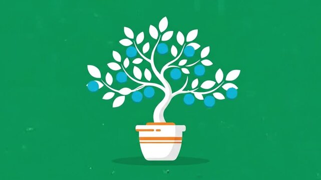 Stylized fruit tree growing in pot on green background