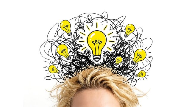 Creative lightbulb head concept for innovation and ideas. Human brain with glowing yellow bulbs symbolizing intelligence and creativity.