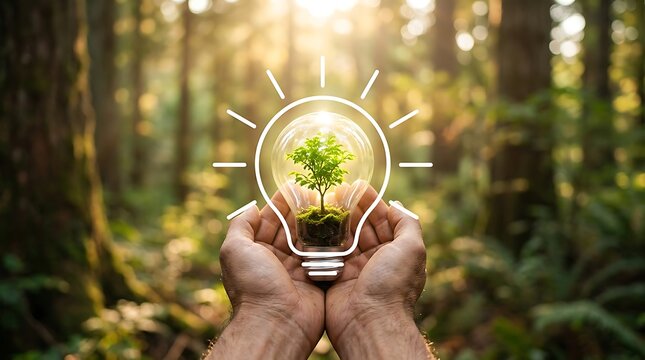 Hands holding glowing eco-friendly light bulb with green plant inside. Sustainable energy concept showcasing renewable power innovation and nature...