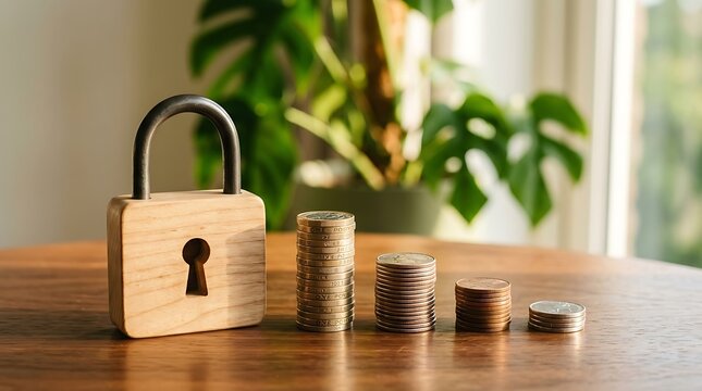 Digital security concept with padlock and coins on wooden desk. Cyber protection and financial investment metaphor for online safety and wealth man...
