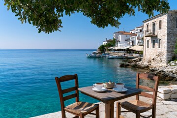 Fototapeta premium Seaside cafe table with coffee in Samos village