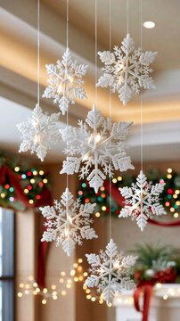Glowing white snowflakes hanging for holiday decoration