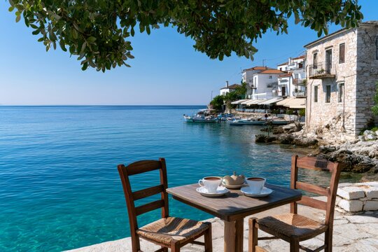 Seaside cafe table with coffee in Samos village