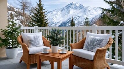 Fototapeta premium Cozy balcony furniture with magnificent snowy mountain view