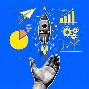 Hand launching a startup rocket with business icons. Entrepreneur kickstarting a new venture with growth symbols and success elements.
