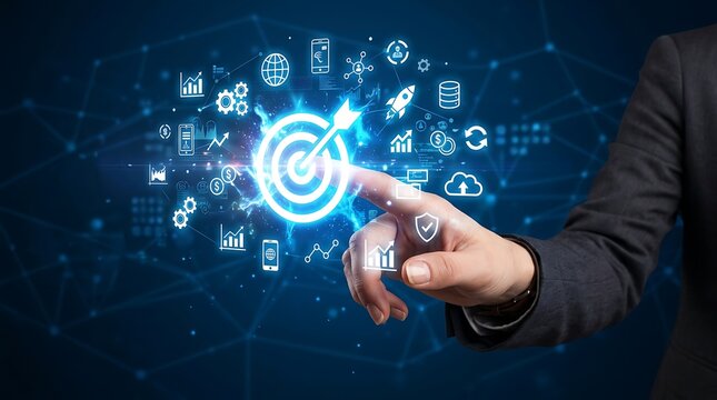Business professional selecting cloud computing icon. Digital transformation expert navigating futuristic data network interface.