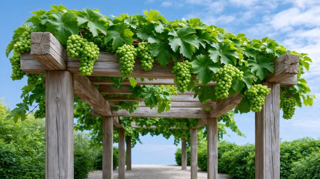 Green grapes ripening on wooden pergola creating an archway