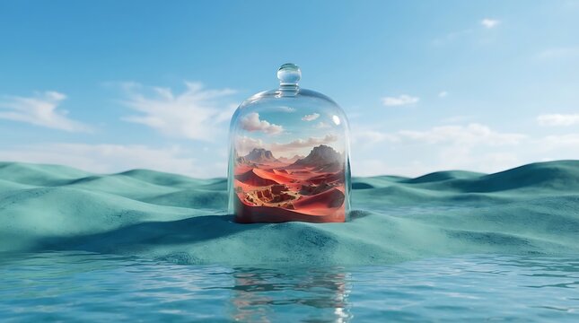 Floating glass bottle with red liquid in ocean waves. Eco-friendly message in a sustainable water conservation concept.