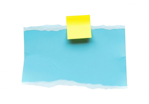 Bright blue torn paper sheet with a yellow sticky note isolated on a transparent background for creative memos