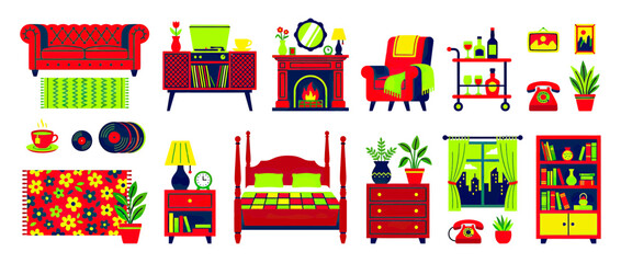 Naklejka premium Cozy Retro Home Interior Elements Collection