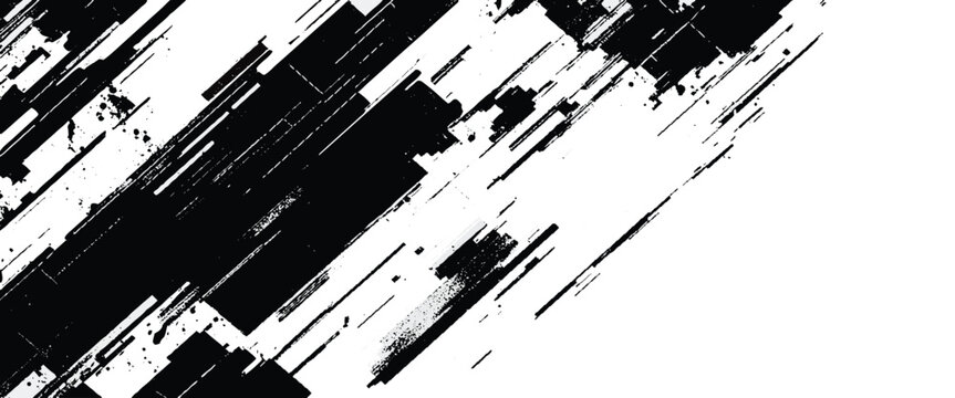Black and white abstract diagonal streaks and splatters on white background texture