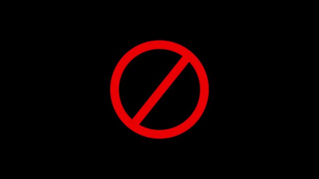 Warning, stop or no entry forbidden red circle on black background. Animation of delete, denied, ban or block icon on 4k Video..