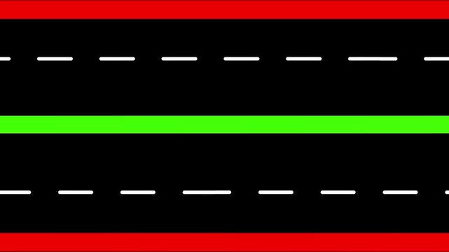 Black asphalt road with dashed white lane lines and solid red divider line top down view abstract background texture...