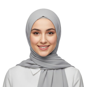 Young smiling woman wearing a grey hijab headscarf isolated on transparent background