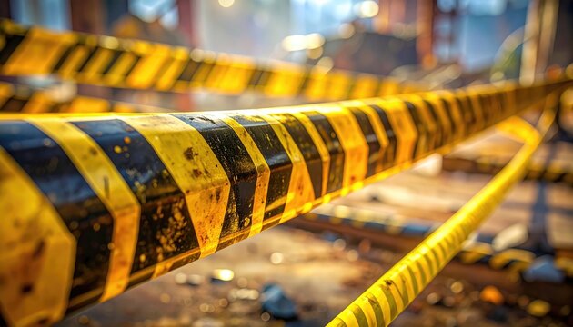 Yellow and black caution tape, blurred industrial setting, debris