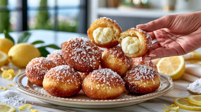 Hand serving sweet lemon cream donuts with powdered sugar