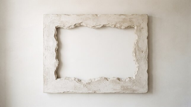 Minimalist rough stone frame with jagged edges on beige wall mockup for showcasing artistic posters and gallery presentations.