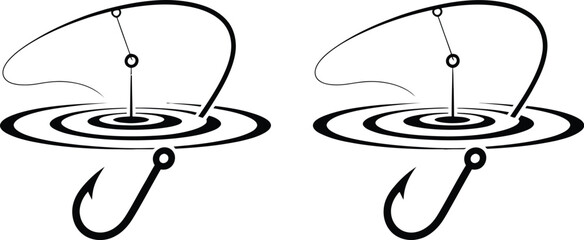 Fishing bobber icon featuring floating fish hook, concentric water ripples, fishing line, and angling symbols for National Go Fishing Day. © Golapi