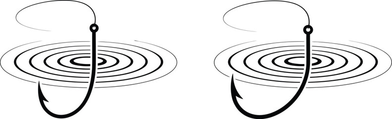Fishing bobber icon featuring floating fish hook, concentric water ripples, fishing line, and angling symbols for National Go Fishing Day. © Golapi
