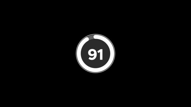 Digital circle countdown timer one hundred seconds animation from 100 to 0 seconds on black background, 100 second countdown timer concept, 100 seconds simple countdown timer animation