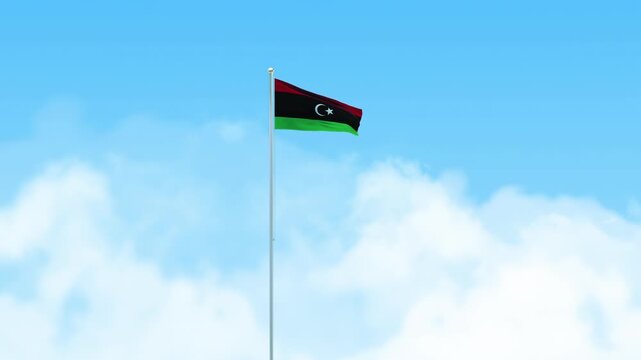 Libya Flag 3D Render Animation Waving on Pole with Blue Sky