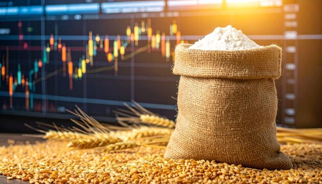 Wheat commodity market concept with flour sack background