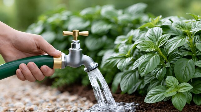 Hand holding hose watering basil plant in garden