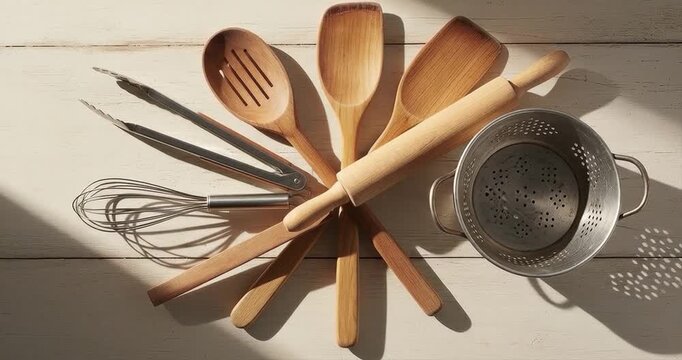 Kitchen utensil arrangement natural light overhead view