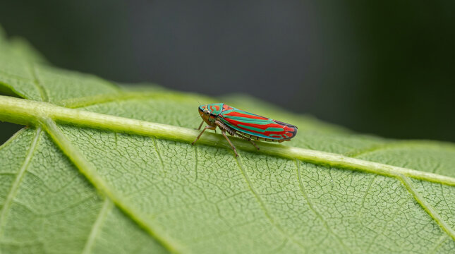 Colorful red and green leafhopper insect resting on a leaf