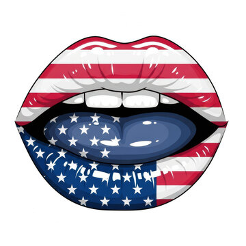 Pixel art lips with american flag pattern design isolated on transparent background