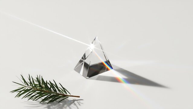 A glass triangular prism refracting a beam of light into a rainbow spectrum next to a small green fir tree branch.