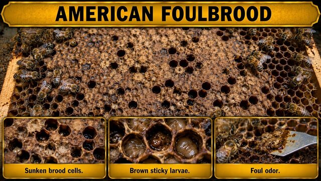 Educational infographic displaying honey bee hive infestation symptoms caused by bacterial brood disease pathogens with guide with guide