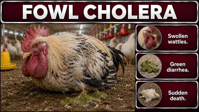 Informative educational graphic illustrating symptoms and characteristics of fowl cholera disease in domestic poultry flocks with educational chart detailing