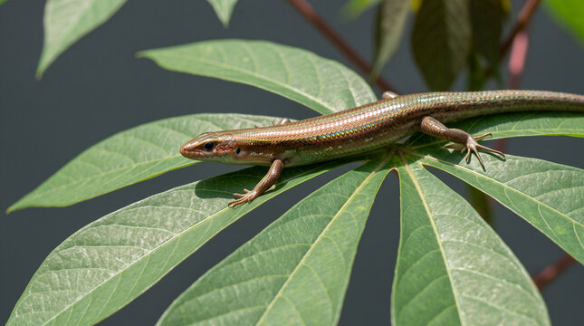 Close up of a shiny skink lizard resting on a green leaf