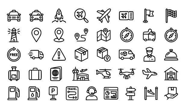 taxi, travel, transportation, flight, airport, rocket, destination, navigation, gps, map, lighthouse, delivery, courier, parcel, package, shipping, logistics, valet, route, tourism, icon, outline, lin