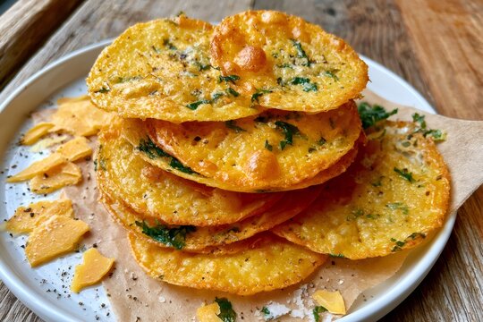 Stacked cheese crisps with herbs and seasoning