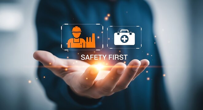 Industrial Safety First Concept with Digital Icons on Hand