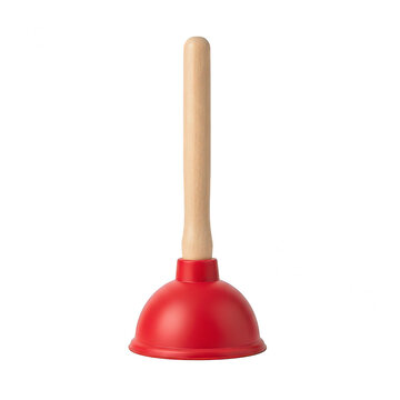 Red rubber sink plunger with a wooden handle isolated on transparent background